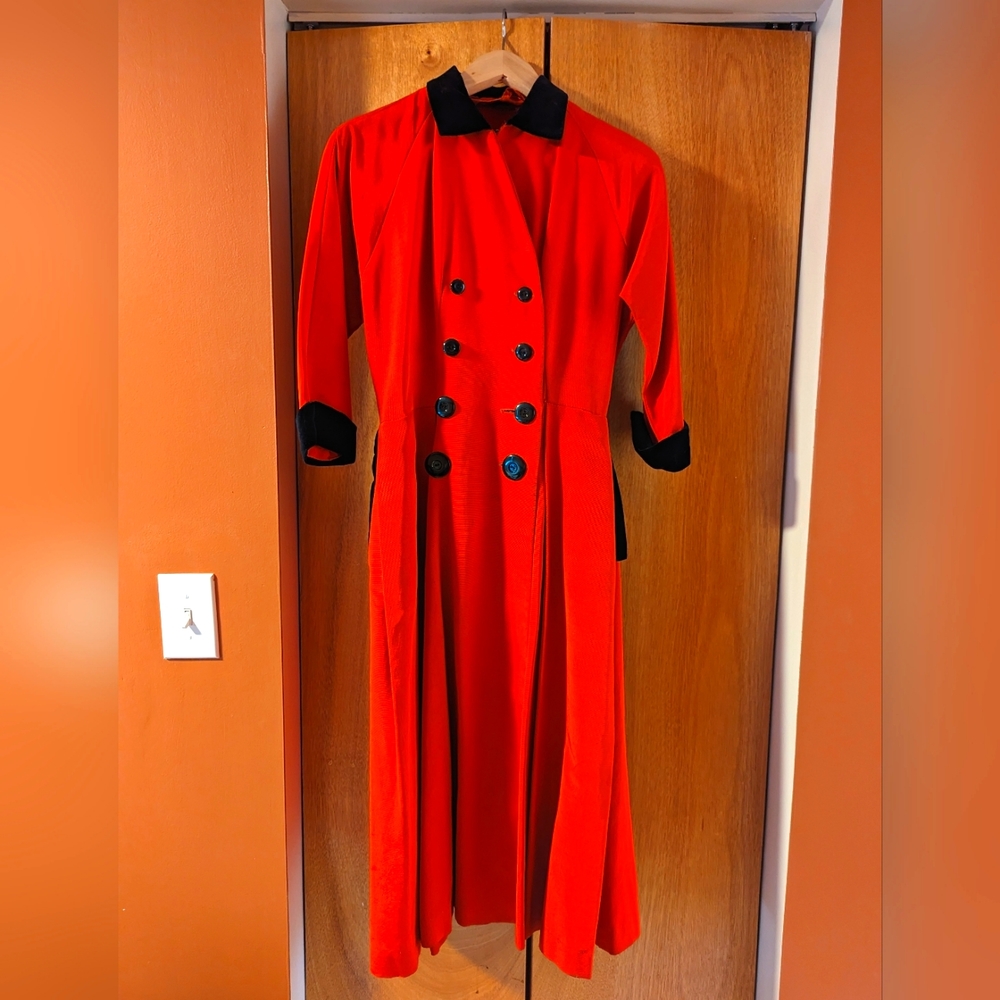 Vintage (c 1940s or 1950s) coat dress with velvet trim